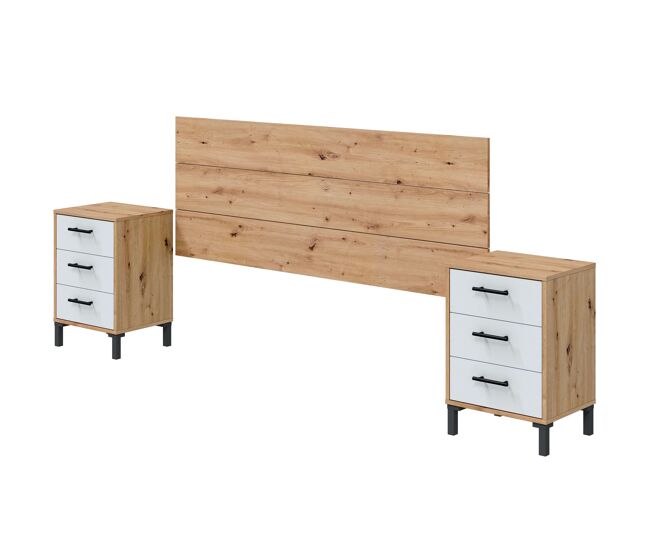 Cabecero + 2 mesitas 3 cajones cabezal y mesitas moderno lúmina en blanco artik y roble nodi 240x101x33 cm