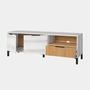 Móvel de TV estilo nórdico Tokyo em branco Albo e carvalho listrado com 2 portas e 1 gaveta 136 cm