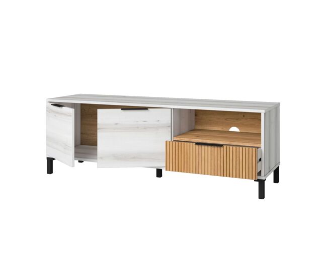 Mueble de tv tokio estilo nórdico en color blanco albo y roble rayado con 2 puertas 1 cajón 136 cm