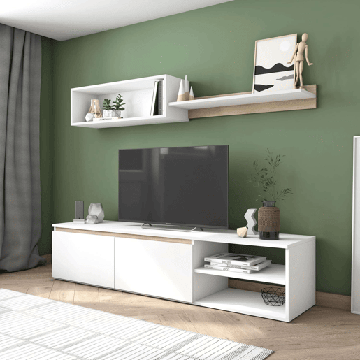 Móvel de TV estilo nórdico para sala de estar e sala de jantar em branco fosco e carvalho Sahara 160 cm