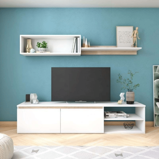 Móvel de TV estilo nórdico para sala de estar e sala de jantar em branco fosco e carvalho Sahara 160 cm