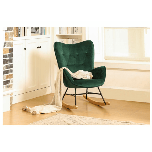Cadeira de baloiço escandinava em veludo verde com pernas de madeira clara EPPING KD VELVET GREEN WOOD LEG