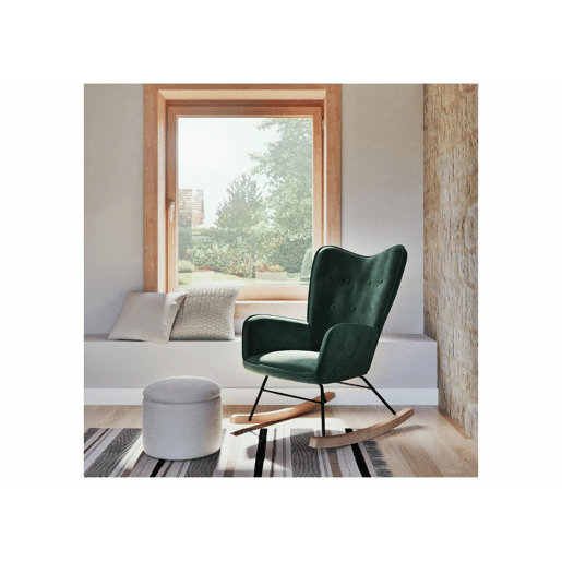 Cadeira de baloiço escandinava em veludo verde com pernas de madeira clara EPPING KD VELVET GREEN WOOD LEG