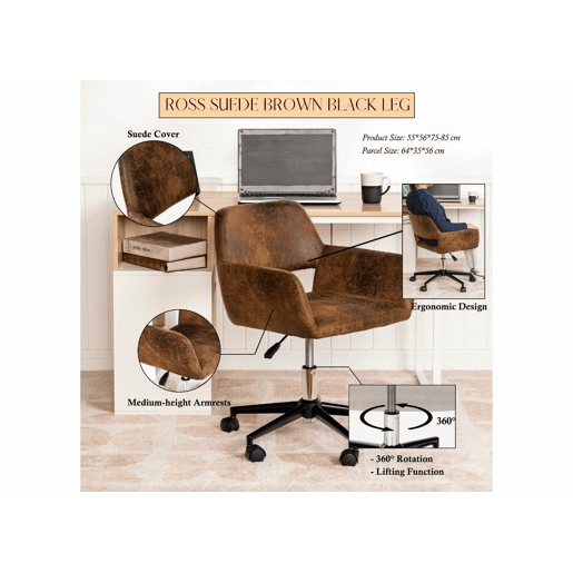 Cadeira de escritório vintage em tecido de camurça, giratória, altura ajustável e 7 rodízios ROSS SUEDE CASTANHO PRETO