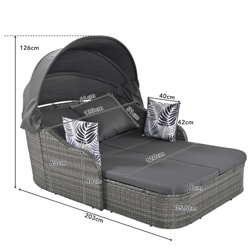 Mobiliário de jardim para 2 pessoas - Sofá lounge de vime PE com 4 almofadas e dossel ajustável - Cinzento