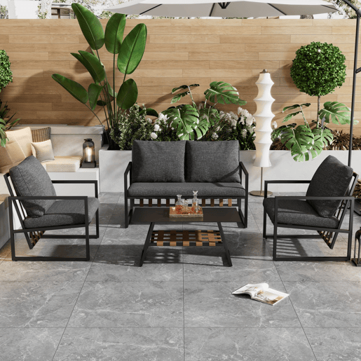 Mobiliário de jardim de 4 lugares - sofá, 2 poltronas e 1 mesa de centro com prateleira - tubo de aço galvanizado e tiras de PVC - almofadas amovíveis e laváveis - Preto