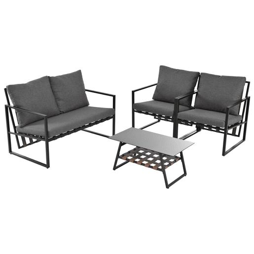 Mobiliário de jardim de 4 lugares - sofá, 2 poltronas e 1 mesa de centro com prateleira - tubo de aço galvanizado e tiras de PVC - almofadas amovíveis e laváveis - Preto