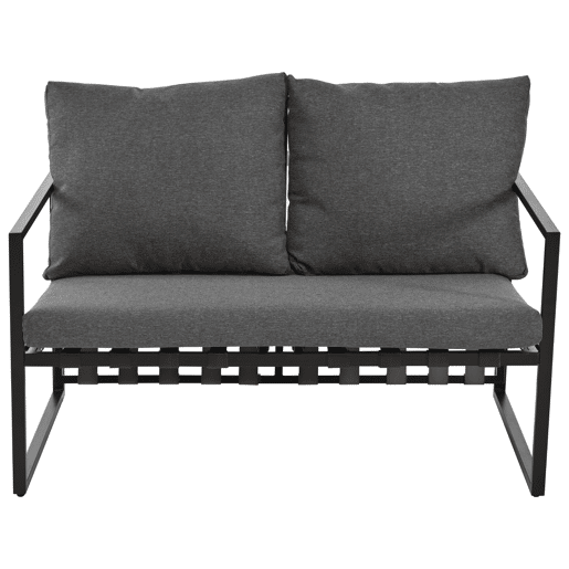 Mobiliário de jardim de 4 lugares - sofá, 2 poltronas e 1 mesa de centro com prateleira - tubo de aço galvanizado e tiras de PVC - almofadas amovíveis e laváveis - Preto