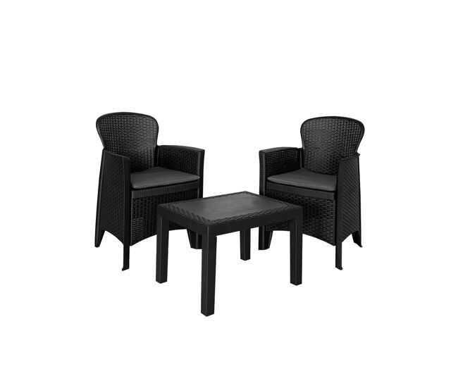 Acomoda textil - conjunto de jardín con 2 sillones + mesa de polipropileno resistente rayos uv, decorativo y ligero. set asiento con cojín para exterior en terraza, patio o balcón de fácil instalación