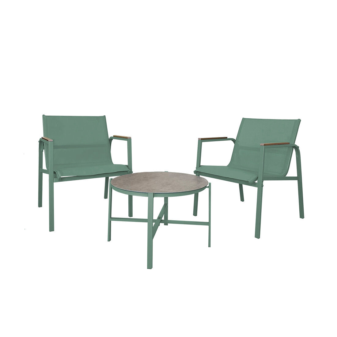 Acomoda textil – conjunto jardín de 2 sillones + mesa de acero resistente, decorativo y ligero. asiento para exterior en patio, balcón y terraza de fácil instalación. (verde, 3 piezas)