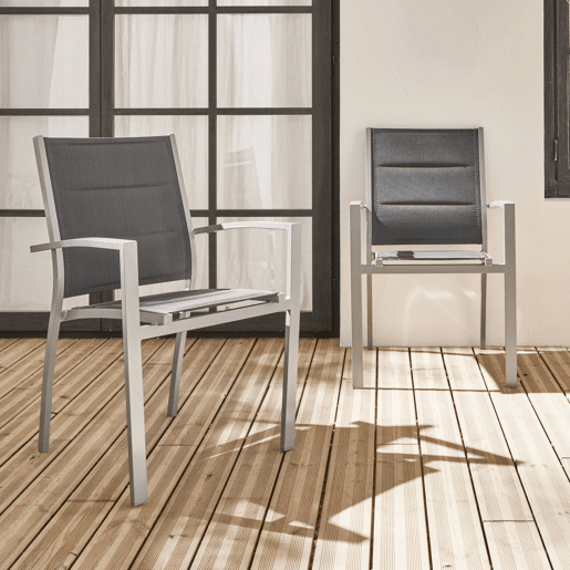 Cadeira de jardim empilhável em alumínio, set de 2, Chicago, Cinza, 57x57x89.5 cm