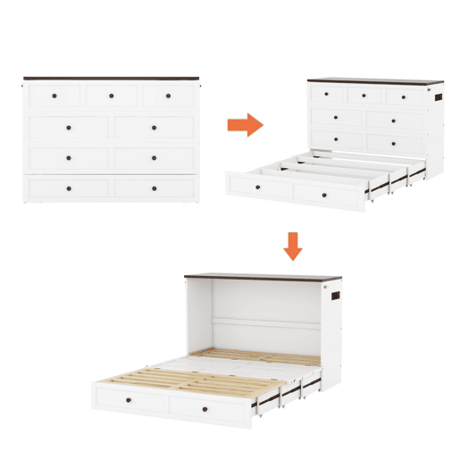 Cama retrátil de madeira 140x200 cm - com tomadas USB e arrumação - Branco