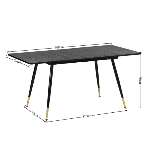 Mesa de jantar extensível retangular com efeito madeira preta, estilo escandinavo, pernas douradas 120-160 MESA ELÁSTICA DE MADEIRA ESCURA WHALEN BG