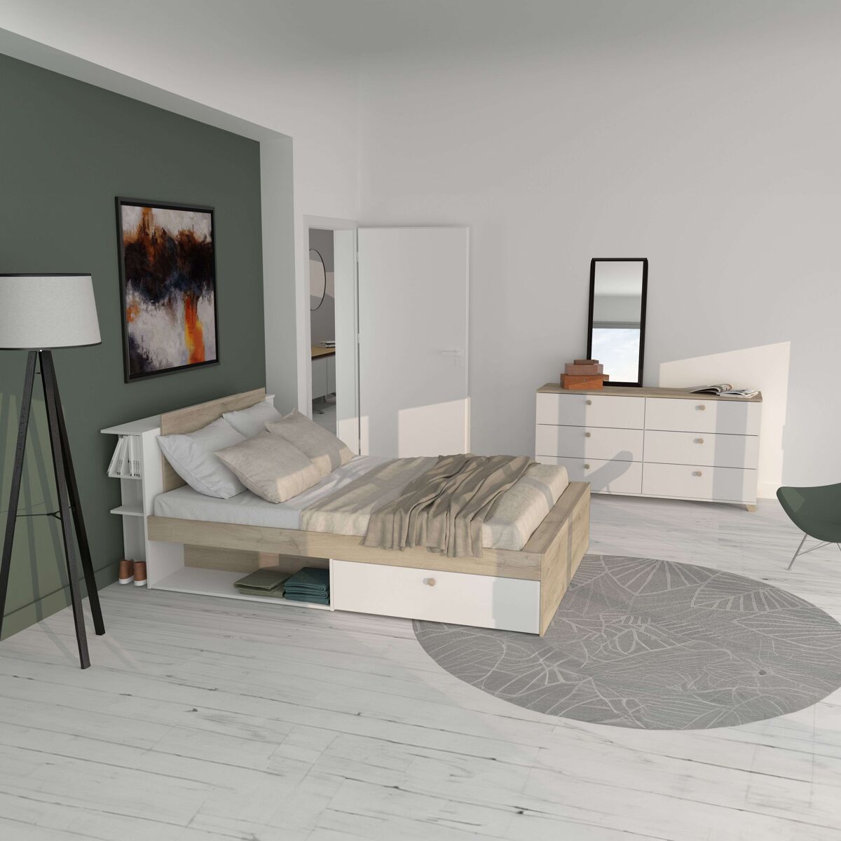 Pack dormitorio estilo nórdico izzy color blanco mate y roble kronberg cama y cómoda