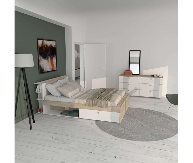 Pack dormitorio estilo nórdico izzy color blanco mate y roble kronberg cama y cómoda