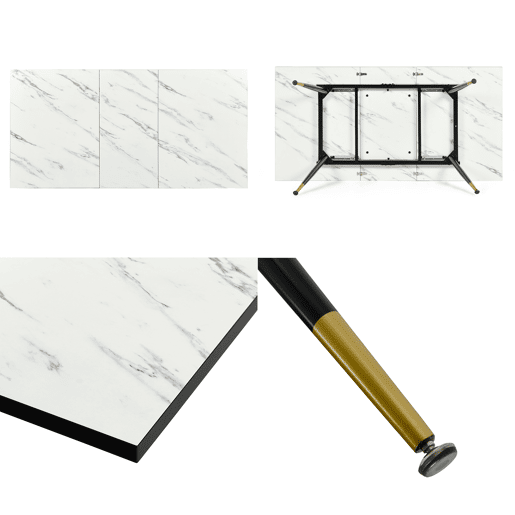 Mesa de jantar extensível retangular branca com efeito mármore em estilo escandinavo com pernas douradas 120-160 MESA ELÁSTICA DE MÁRMORE BRANCO WHALEN BG