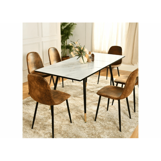 Mesa de jantar extensível retangular branca com efeito mármore em estilo escandinavo com pernas douradas 120-160 MESA ELÁSTICA DE MÁRMORE BRANCO WHALEN BG