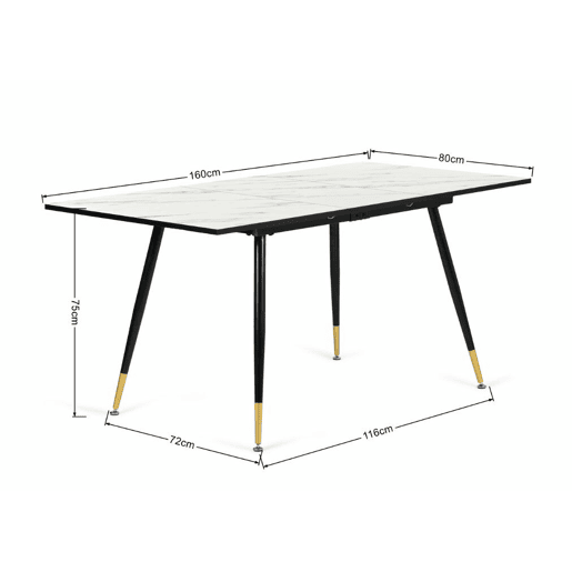 Mesa de jantar extensível retangular branca com efeito mármore em estilo escandinavo com pernas douradas 120-160 MESA ELÁSTICA DE MÁRMORE BRANCO WHALEN BG