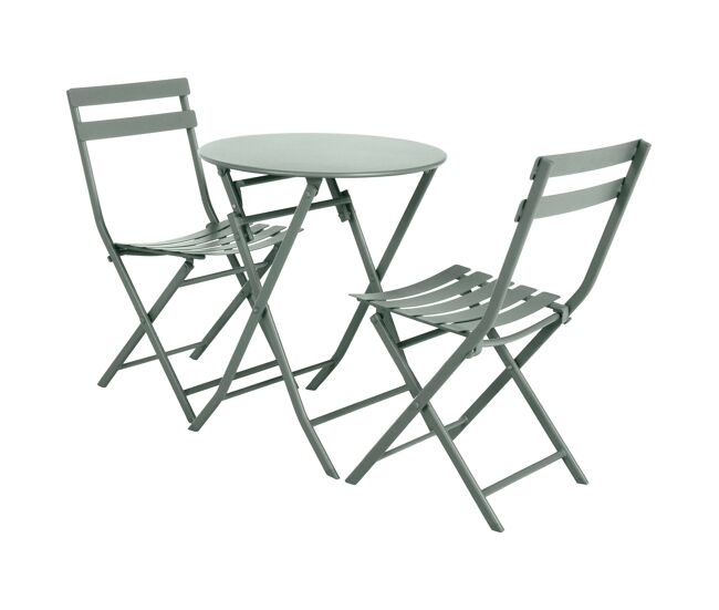 Pack muebles exterior plegables greensboro mesa redonda + 2 sillas jardín terraza estilo contemporáneo color verde oliva