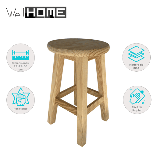 Banco Well Home redondo de madeira maciça em cor natural 29x29x50cm