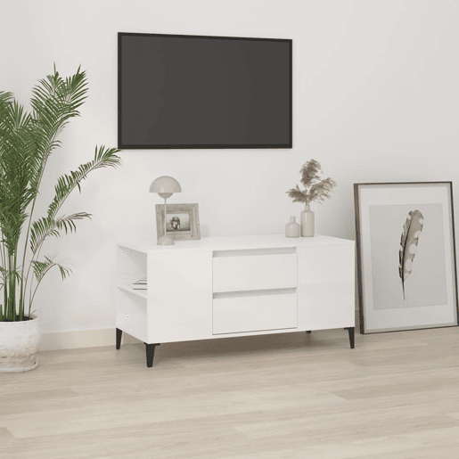Móvel p TV, Armário de TV 102x44,5x50 cm derivados madeira branco brilhante