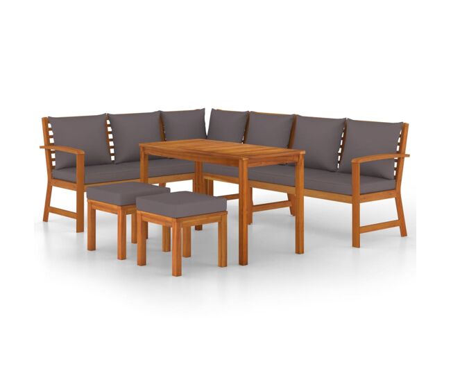 Juego comedor jardín y cojines 7 piezas madera maciza acacia
