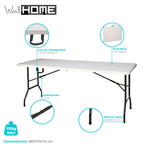 Mesa dobrável branca Well Home com mecanismo de travamento automático