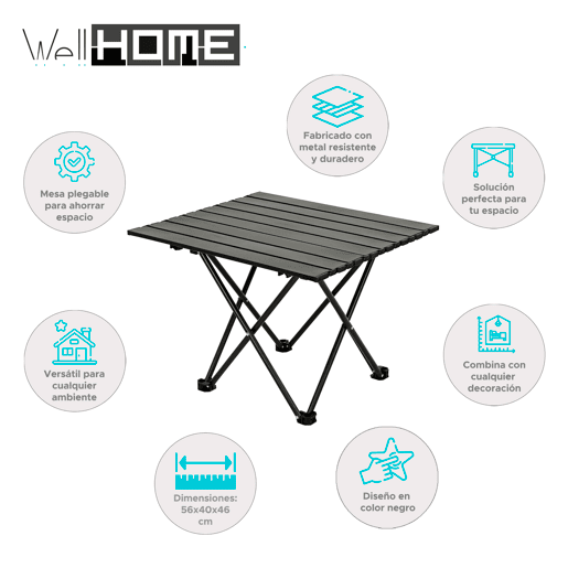 Mesa dobrável Well Home em metal preto 56x40x46cm
