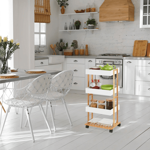 Carrinho de armazenamento de bambu Well Home com 1 prateleira e 3 bandejas em branco 40x30x87,5cm Carrinho de armazenamento de bambu Well Home com 1 prateleira e 3 bandejas em branco 40x30x87,5cm