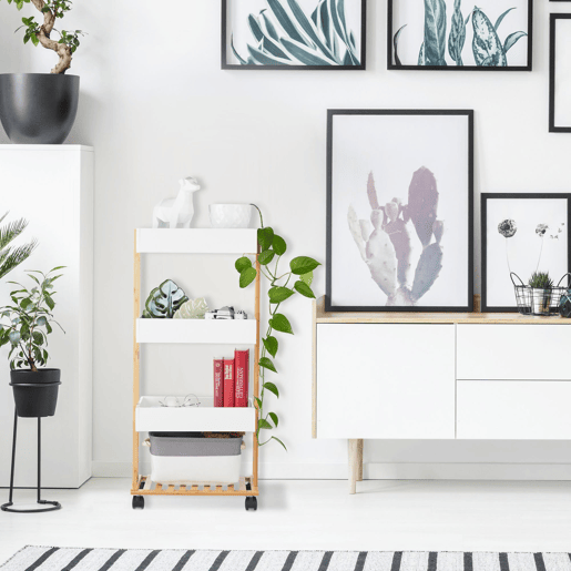 Carrinho de armazenamento de bambu Well Home com 1 prateleira e 3 bandejas em branco 40x30x87,5cm Carrinho de armazenamento de bambu Well Home com 1 prateleira e 3 bandejas em branco 40x30x87,5cm