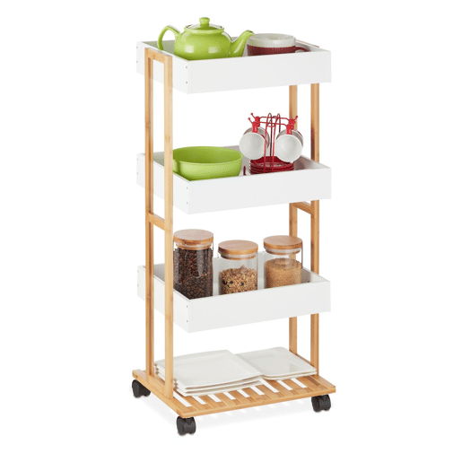 Carrinho de armazenamento de bambu Well Home com 1 prateleira e 3 bandejas em branco 40x30x87,5cm Carrinho de armazenamento de bambu Well Home com 1 prateleira e 3 bandejas em branco 40x30x87,5cm