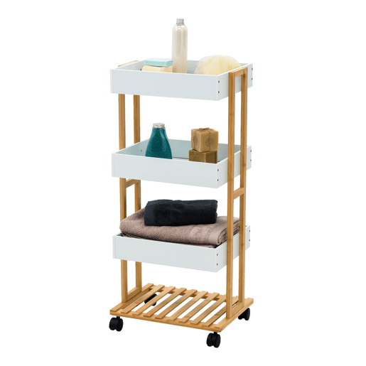 Carrinho de armazenamento de bambu Well Home com 1 prateleira e 3 bandejas em branco 40x30x87,5cm Carrinho de armazenamento de bambu Well Home com 1 prateleira e 3 bandejas em branco 40x30x87,5cm