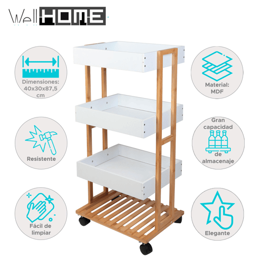 Carrinho de armazenamento de bambu Well Home com 1 prateleira e 3 bandejas em branco 40x30x87,5cm Carrinho de armazenamento de bambu Well Home com 1 prateleira e 3 bandejas em branco 40x30x87,5cm