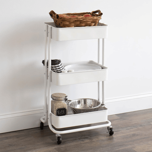 Bem Home Cozinha carrinho feito de ferro em branco com rodas e 3 gavetas