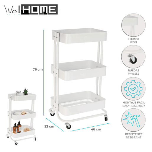 Bem Home Cozinha carrinho feito de ferro em branco com rodas e 3 gavetas