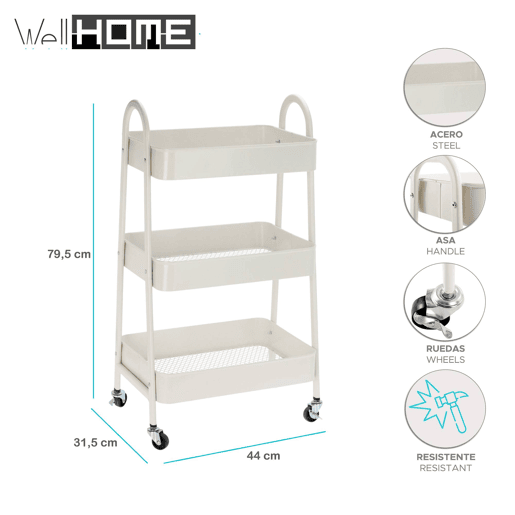 Bem Home Carrinho de cozinha branco com 3 cestos e rodas H.79.5cm
