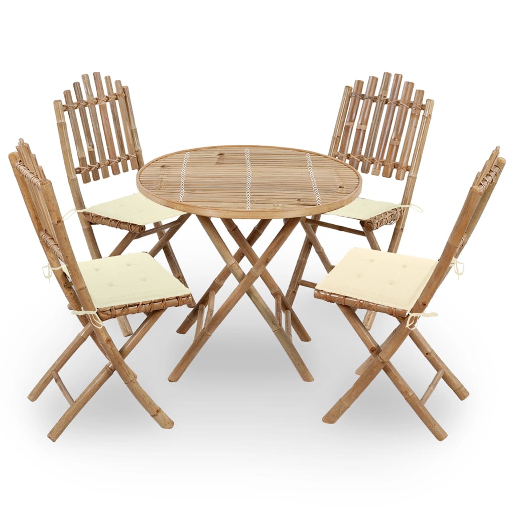 Juego de comedor de jardín plegable 5 piezas bambú con cojines