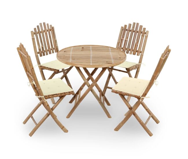 Juego de comedor de jardín plegable 5 piezas bambú con cojines