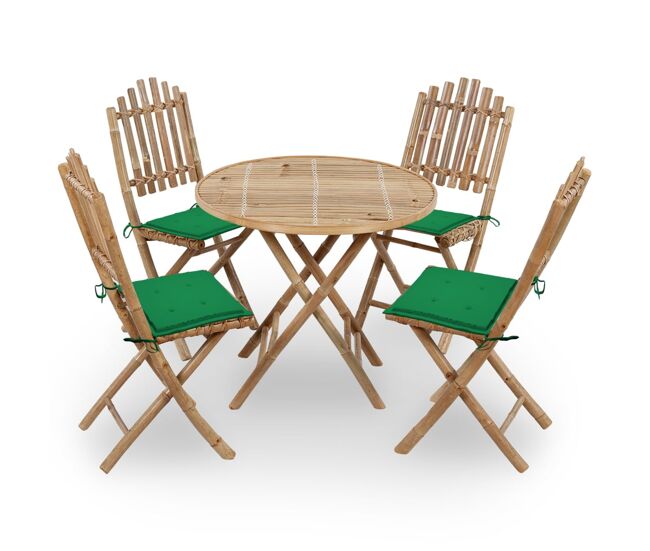 Juego de comedor de jardín plegable 5 piezas bambú con cojines