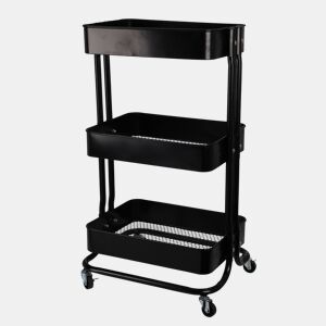 Carrinho de cozinha de ferro preto Well Home com rodas e 3 gavetas