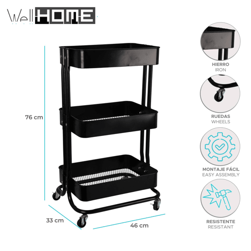Carrinho de cozinha de ferro preto Well Home com rodas e 3 gavetas
