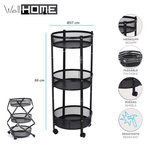 Well Home Carrinho de cozinha dobrável com rodas Ø37x88cm