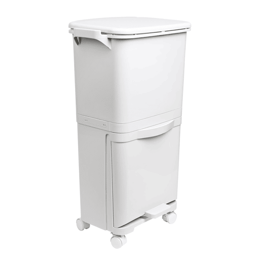 Lixeira de triagem seletiva com pedal, rodas e alça com compartimentos duplos de 38L (24L + 14L).