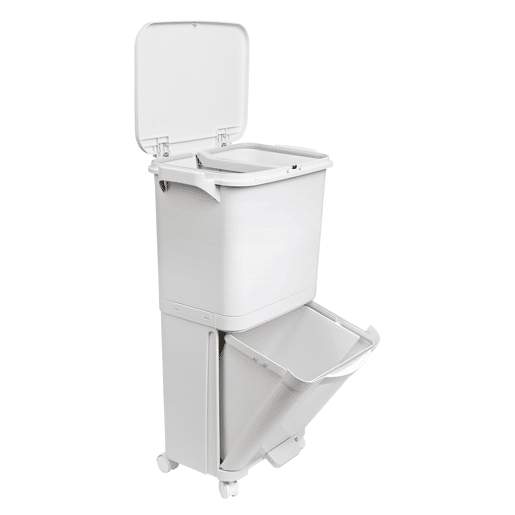Lixeira de triagem seletiva com pedal, rodas e alça com compartimentos duplos de 38L (24L + 14L).