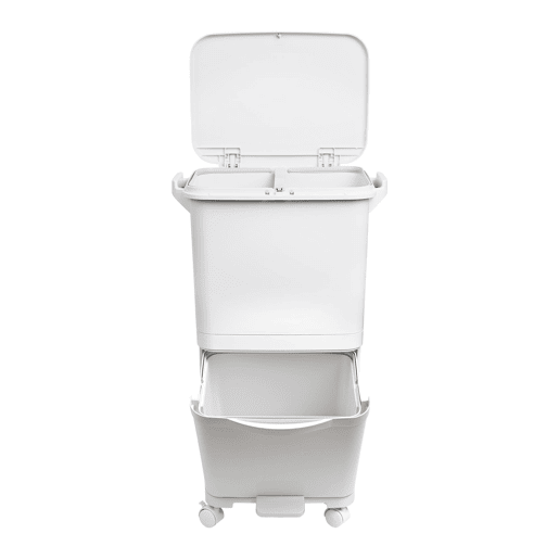 Lixeira de triagem seletiva com pedal, rodas e alça com compartimentos duplos de 38L (24L + 14L).
