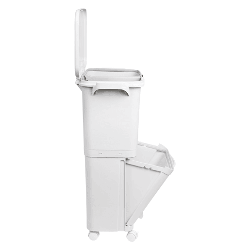 Lixeira de triagem seletiva com pedal, rodas e alça com compartimentos duplos de 38L (24L + 14L).