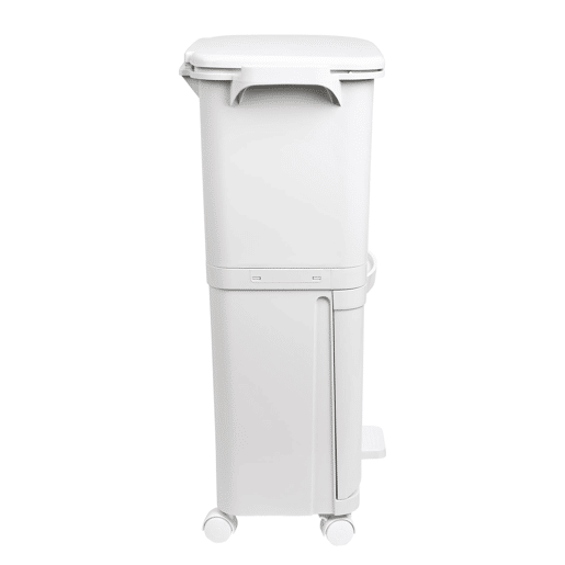 Lixeira de triagem seletiva com pedal, rodas e alça com compartimentos duplos de 38L (24L + 14L).