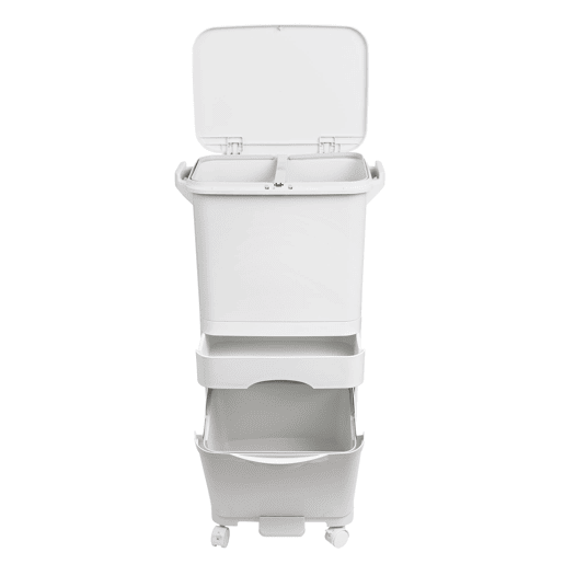 Lixeira de triagem seletiva com compartimento triplo 42L (24L + 4L + 14L) com pedal, rodas e alça.