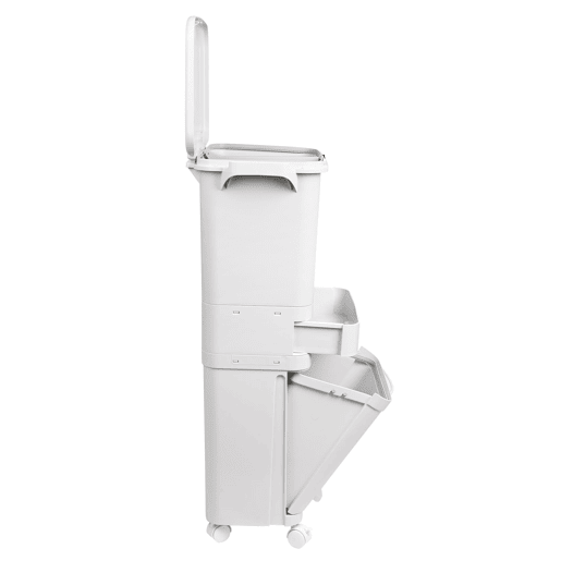 Lixeira de triagem seletiva com compartimento triplo 42L (24L + 4L + 14L) com pedal, rodas e alça.