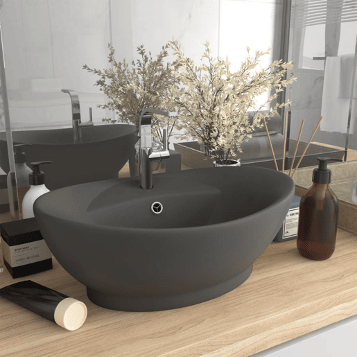 Lavatório - Lavabo - Pia de banheiro luxuoso oval 58,5x39 cm cerâmica cinza-escuro mate